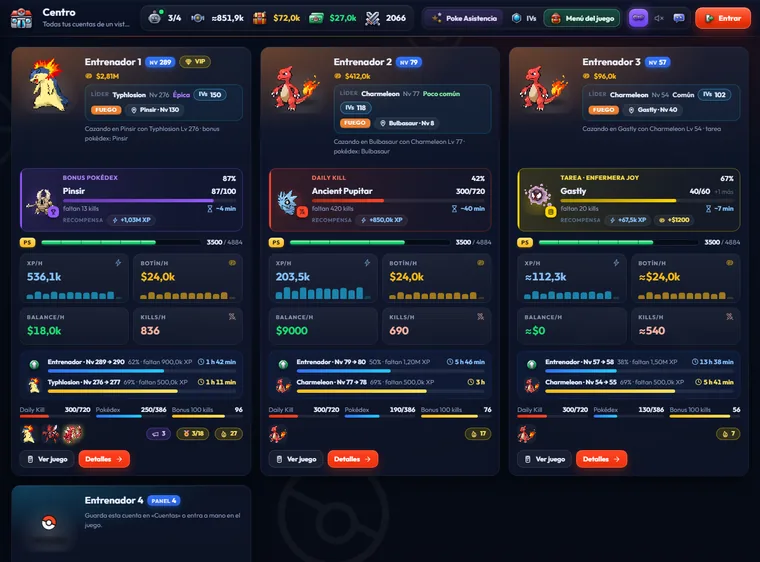 El modo Analyzer de PokeFun: el Centro con las estadísticas de tres cuentas, sin el bot