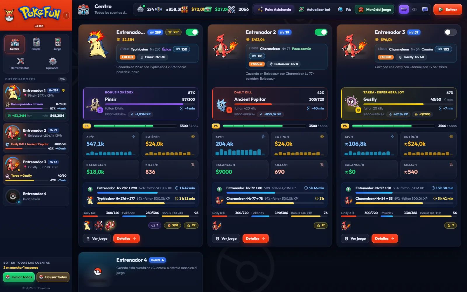 El Centro de PokeFun con tres cuentas cazando: XP por hora, botín, objetivo en curso y nivel