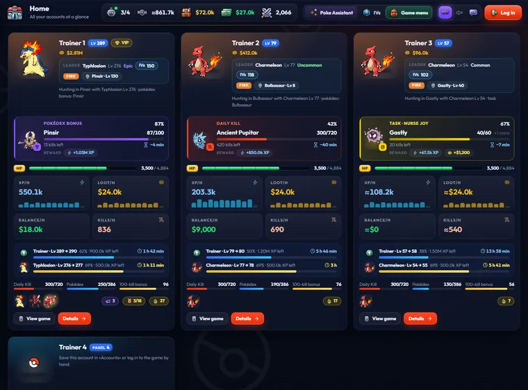 PokeFun Analyzer mode: the Center with stats for three accounts, without the bot
