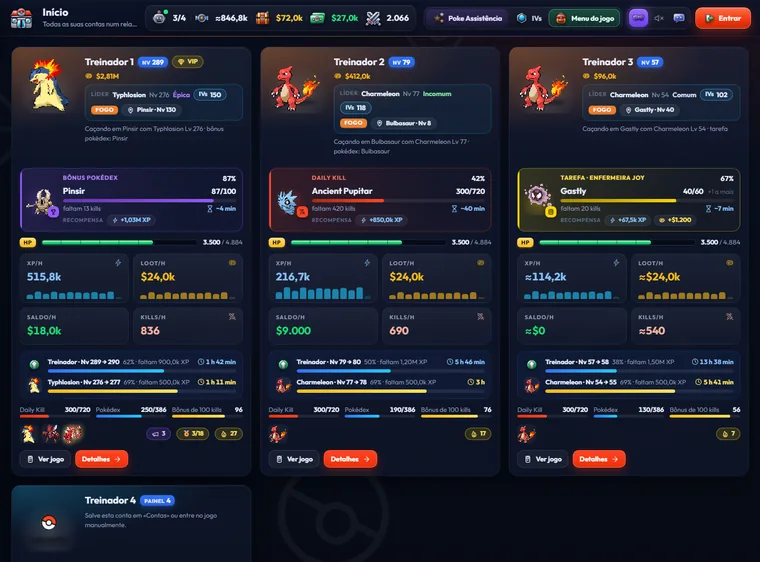 O modo Analyzer do PokeFun: o Centro com as estatísticas de três contas, sem o bot
