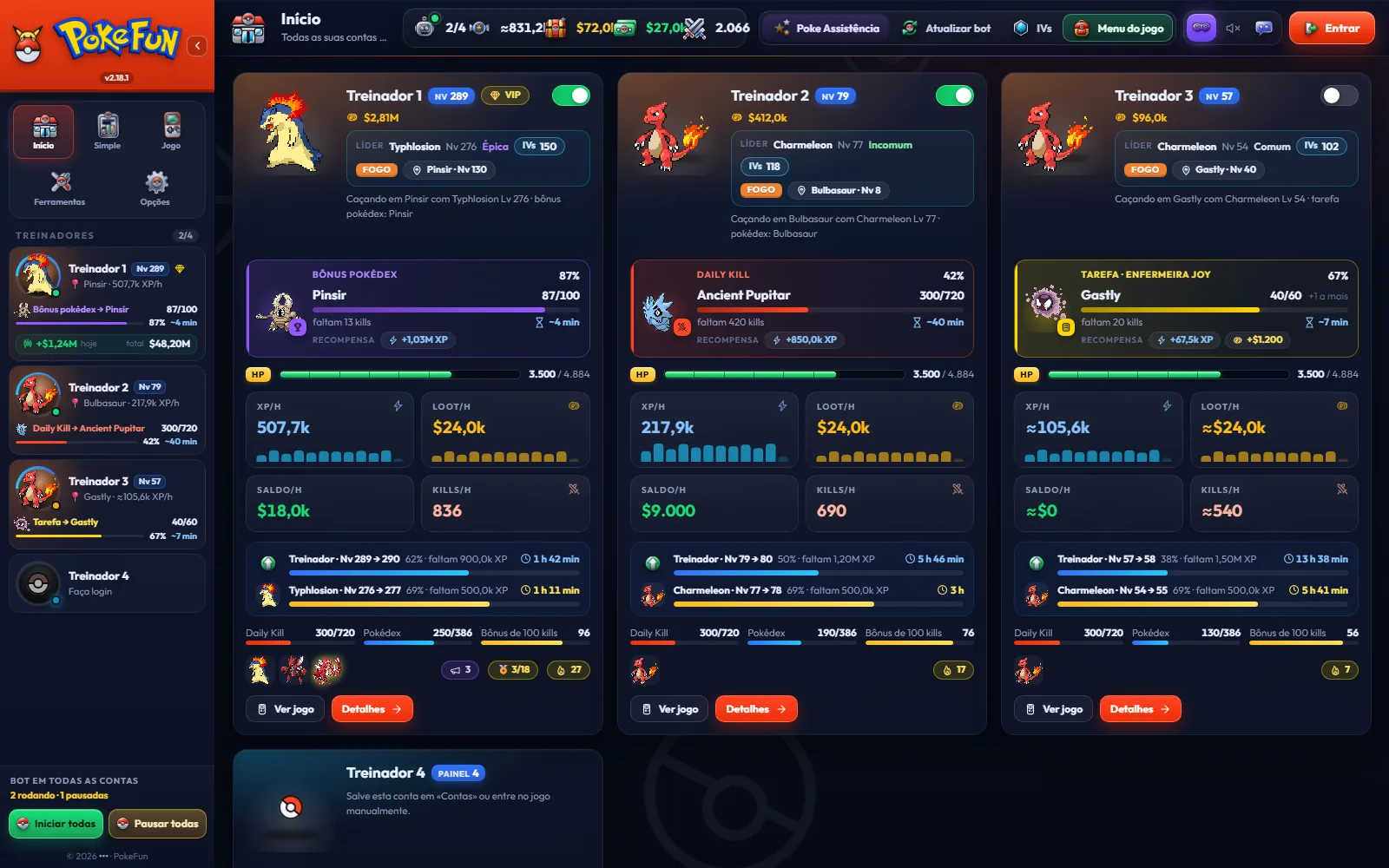 O Centro do PokeFun com três contas caçando: XP por hora, loot, objetivo atual e nível